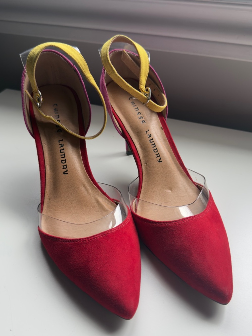 Chinese Laundry Colorblock Pointed Toe Heels in Red, Pink & Yellow - Picture 6 of 9